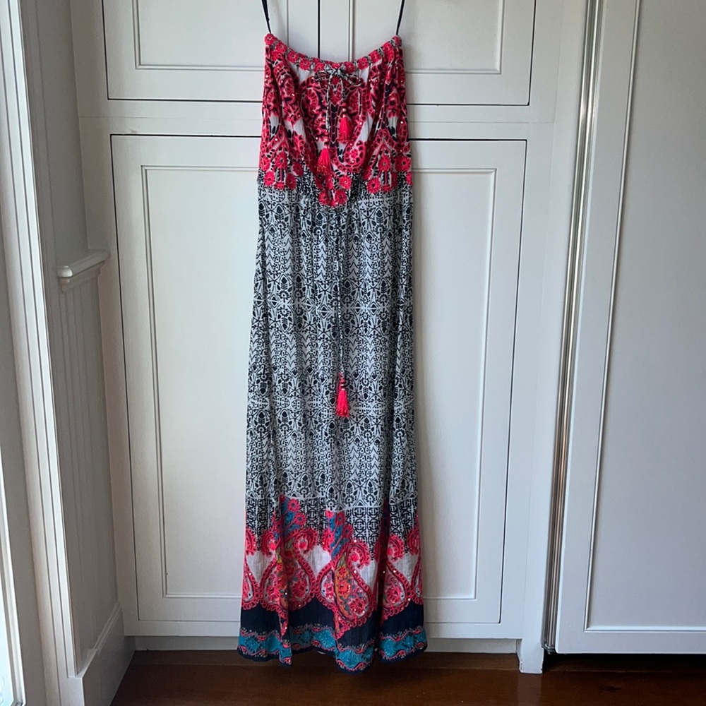 Calypso St Barth Strapless Navy and Pink Embroidered Maxi Dress